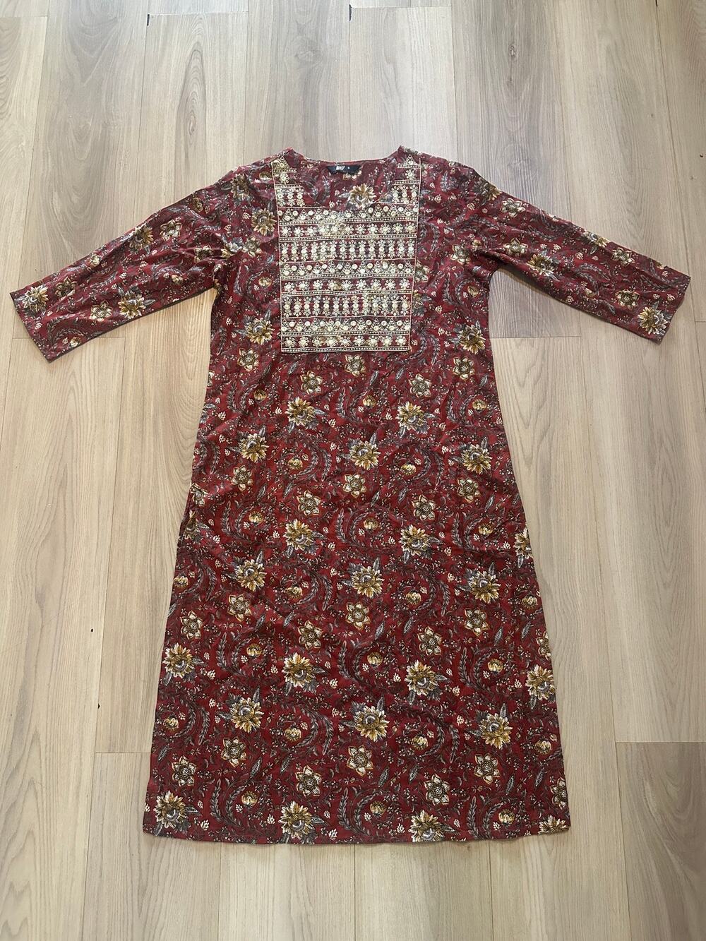 Easy Buy Maroon Floral Cotton Kurta Dress Small Embroidered Mirror Work Tunic